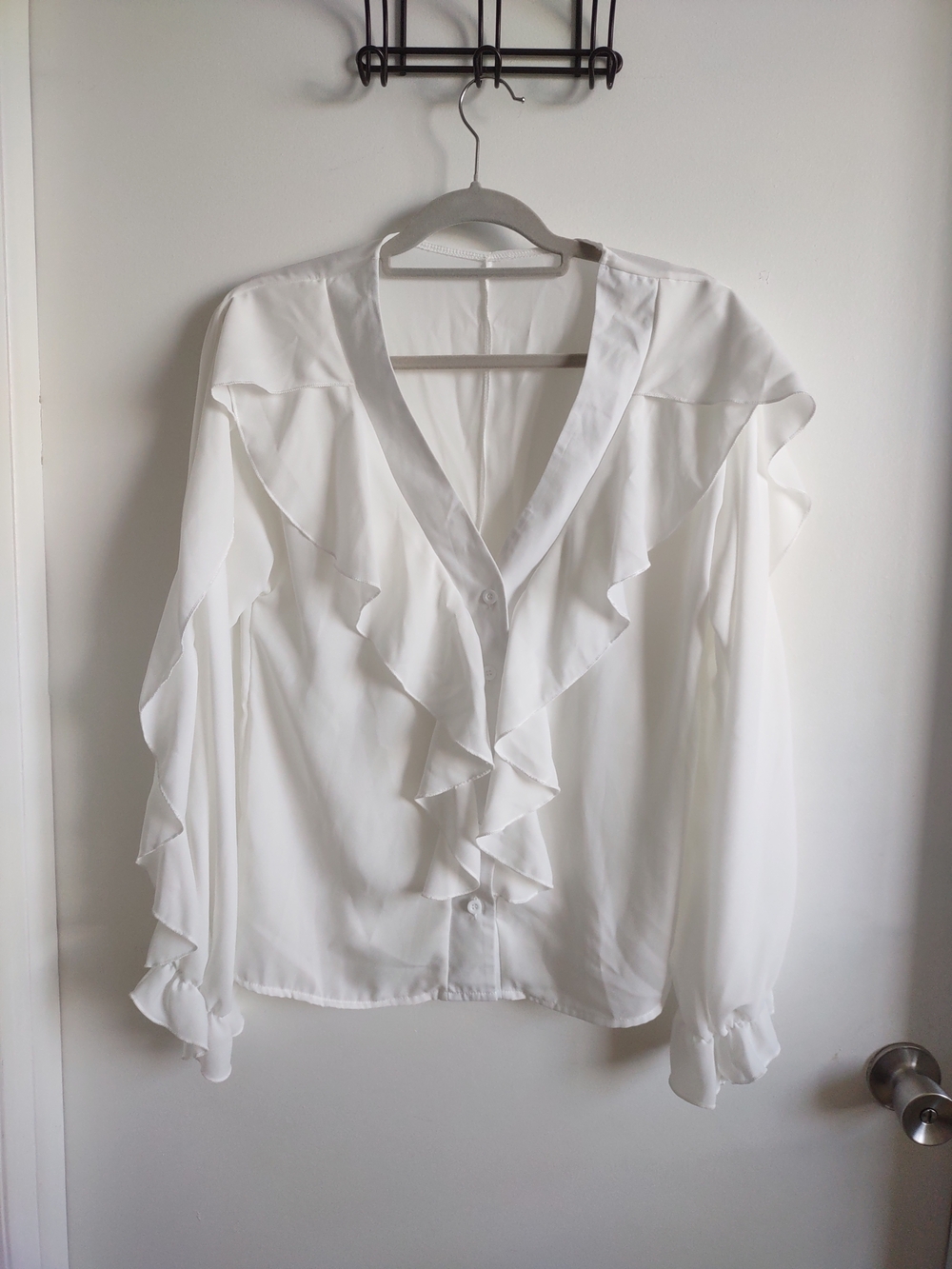 Women’s White Ruffle V-Neck Blouse